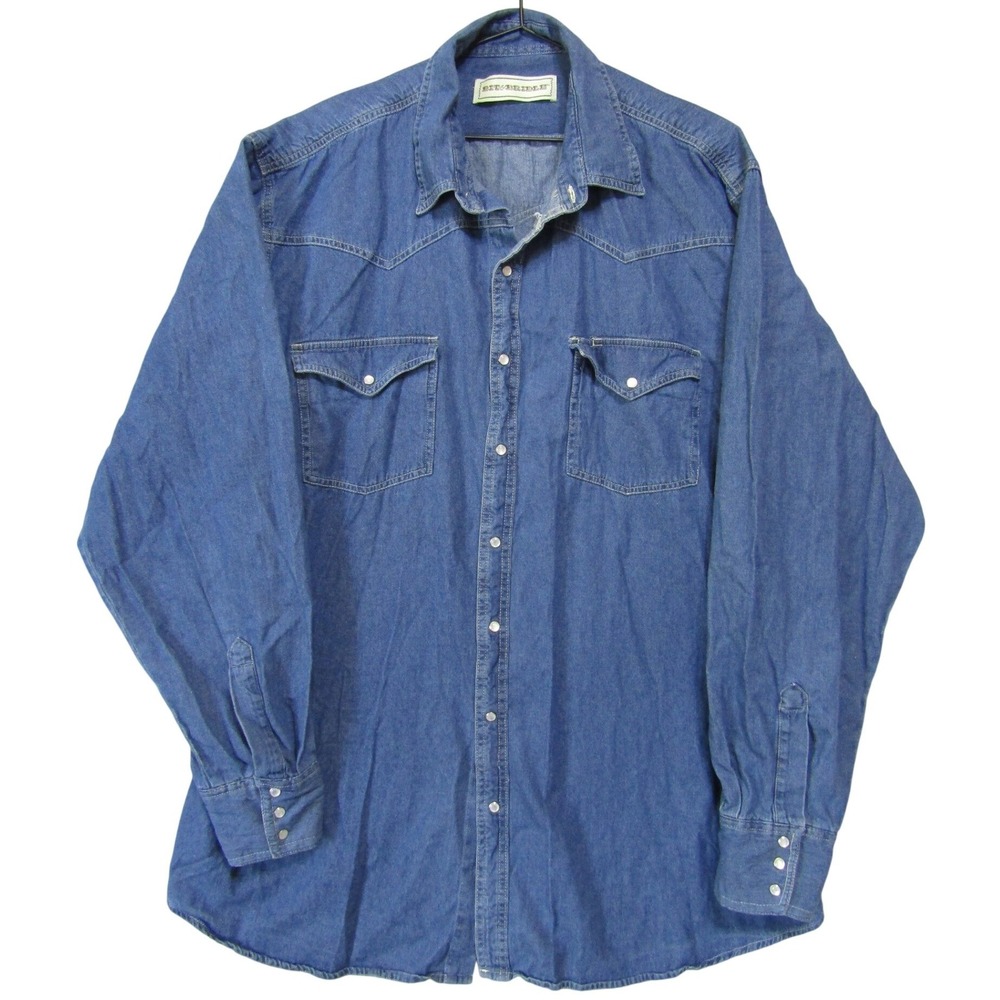 Bit & Bridle Denim Western Shirt Mens XL Blue Good Pearl Snap Long Sleeve Cotton